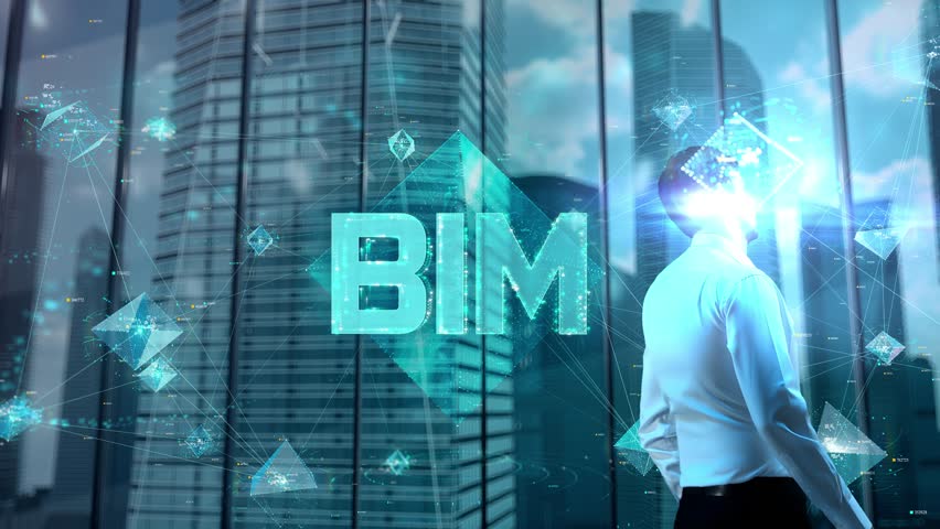 BIM. Businessman Working in Office among Skyscrapers. Hologram Concept