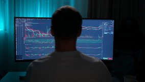 Rear view of frustrated unrecognizable male stock trader losing money on forex crypto exchange after market crash sitting at desk in home office in dark room at night. Shooting in slow motion. - Powered by Shutterstock - Get 15% off with code: PIKWIZARD15