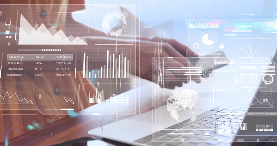 Animation of data processing over caucasian businesswoman using laptop and smartphone. Global business, computing, communication and digital interface concept digitally generated video.