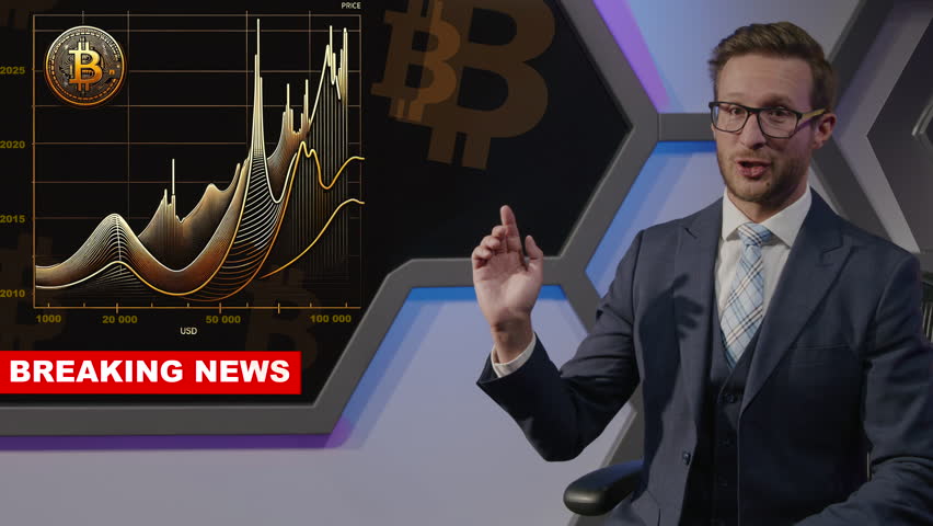 Breaking News about finance situation with Young Charismatic TV Presenter in dark blue suit with glasses Speaking at modern interactive studio about Bitcoin and showing graphs.  Royalty-Free Stock Footage #3439832105
