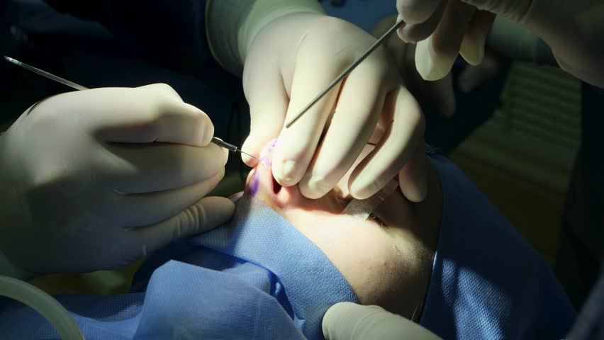 Rhinoplasty or endoscopic septoplasty surgery. The doctor makes an incision with a scalpel on the patient's nose. Close-up. Royalty-Free Stock Footage #3439841619