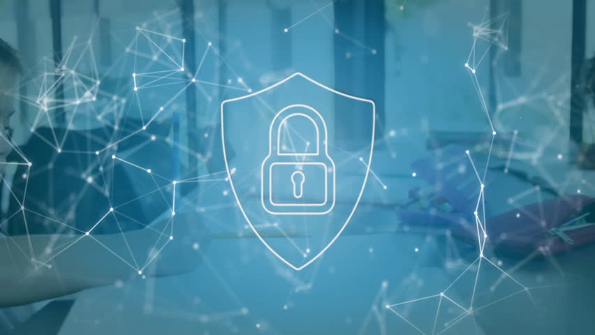 Animation of shapes and padlock over diverse schoolchildren learning in classroom. Global education and digital interface concept, digitally generated video.