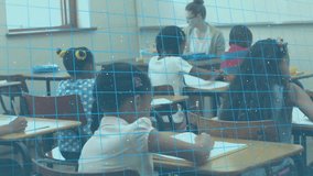 Animation of shapes and fingerprint over diverse schoolchildren learning with teacher in classroom. Global education and digital interface concept, digitally generated video. - Powered by Shutterstock - Get 15% off with code: PIKWIZARD15