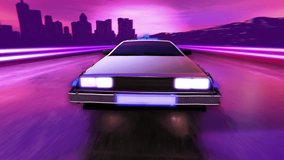 Futuristic car moves at the speed of light. Synthwave video clip
