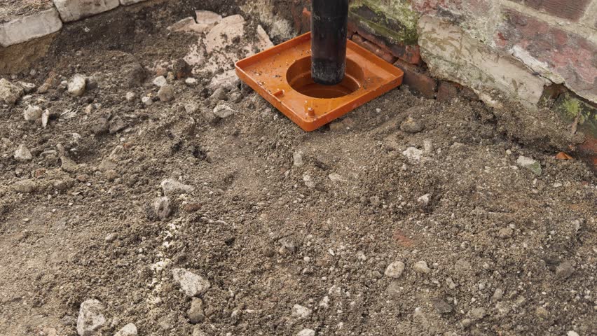 New plastic drain and downpipe ready for flag stones to be laid, England Royalty-Free Stock Footage #3439933737