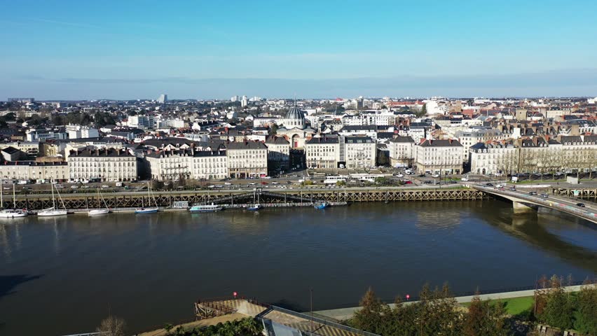 Drone shot in 4K of the city of Nantes in France, city panorama from a drone.