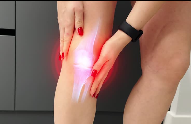 Joint problems and tendon inflammation. Sporty woman who suffered a knee accident during the run.	