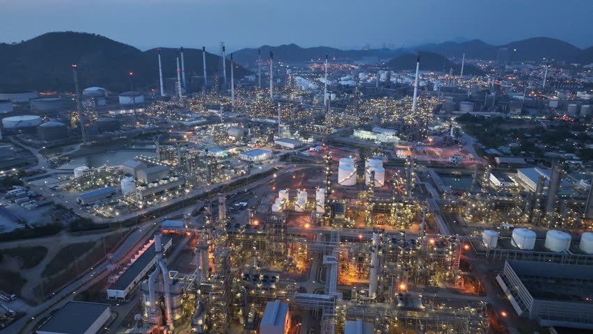 Oil Refinery Gas Chemical Equipment Prodiction import export Concept, Crude Oil Refinery Plant Steel Pump Pipe line and Chimney and Cooling tower, Chemical or Petrochemical Factory plant, industry