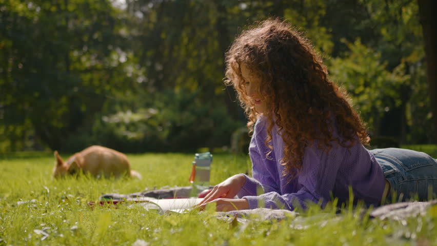 Caucasian smiling girl gen z student reading book on grass in forest city park leisure weekend with cute little puppy corgi dog playing on nature happy pet owner woman read literature resting outdoors Royalty-Free Stock Footage #3440215009
