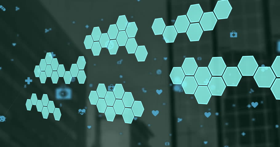 Animation of element diagrams over medical icons and networks. Digital interface, connection, healthcare, medical research and communication, digitally generated video.