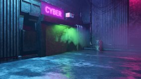 Cyberpunk  town - night scene. Old urban alley with building, wires, pipes, barrel, neon lights, signboard, flying smoke for templates, banners. 4k video footage. 3d render modern design in stock vide - Powered by Shutterstock - Get 15% off with code: PIKWIZARD15