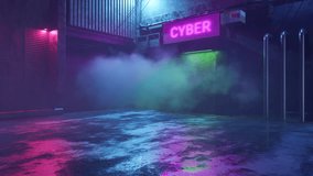 Cyberpunk sci-fi urban scene. Night alley with neon lights, smoke, signage, cables, air conditioning and old buildings for templates, banners. 4k video footage. 3d render modern design in stock video. - Powered by Shutterstock - Get 15% off with code: PIKWIZARD15