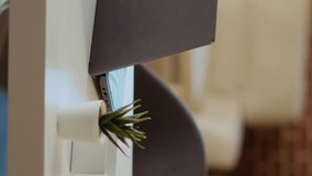 Vertical video Laptop on desk next to mini house plants in cozy stylish empty apartment, panning shot. Notebook placed on wooden table in bright modern living room with brick walls and nice interior - Powered by Shutterstock - Get 15% off with code: PIKWIZARD15