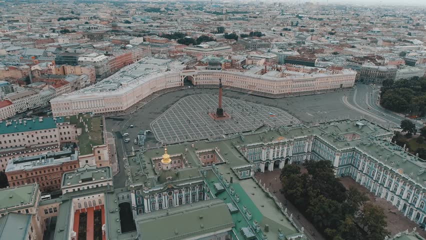 SAINT-PETERSBURG, RUSSIA - JUNE, 2023: Aerial sideways Petersburg central historical cityscape overall plan. Winter palace square Hermitage, Admiralty, St. Isaac