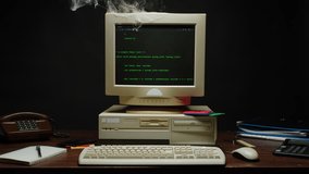 Retro pc with smoke on monitor with loading code console, programmer making scripts, green basic screen, Old computer studio close-up, Desktop vintage retro wave display, late 90s PC.