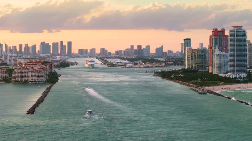 Aerial view of large cruise liner departing from Miami port. Travel to Florida vacation concept