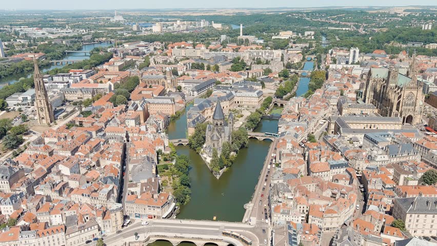 Metz, France. New Temple - Protestant Church. Moselle River. View of the historical city center. Summer, Sunny day, Aerial View, Point of interest