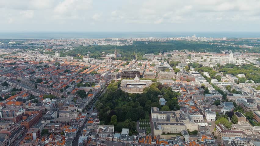The Hague, Netherlands. Royal Stables. Paleistuin - park. Cloudy weather. Summer day, Aerial View, Point of interest
