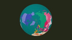 Rotating globe. North pole sphere view. Fast speed earth rotation. Colored countries style. World map with sparse graticule lines on Dark background. Posh animation.