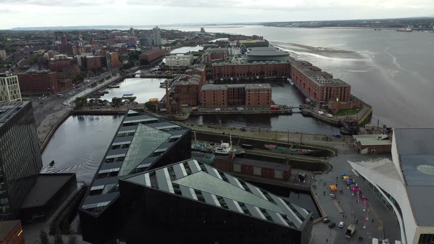 Aerial and drone shot of Albert dock, Liverpool waterfront, UK
