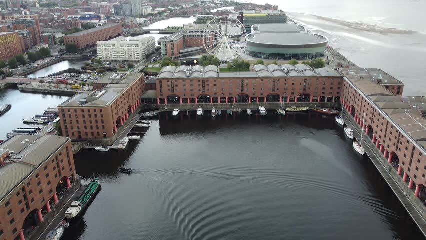 Aerial and drone shot of Albert dock, Liverpool waterfront, UK