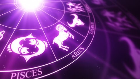 Zodiac Horoscope Astrological Sun Signs On a Spinning Wheel or Chakra | Seamless Looping Animated Motion Background Indigo Purple Violet