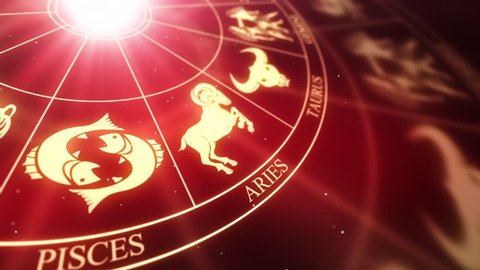 Zodiac Horoscope Astrological Sun Signs On a Spinning Wheel or Chakra | Seamless Looping Animated Motion Background Red Maroon Golden
