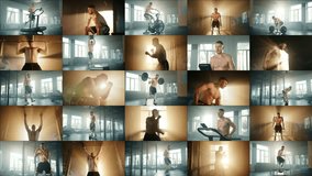 25 video collage featuring a male athlete performing various exercises in a gym with both cool and warm lighting. The man exhibits his professionalism in many sports exercises.
