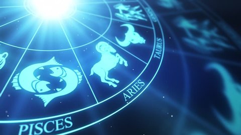 Zodiac Horoscope Astrological Sun Signs On a Spinning Wheel or Chakra | Seamless Looping Animated Motion Background Blue Cyan