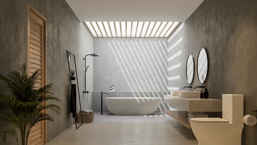 Animation of minimal style loft bathroom with natural light from a large skylight 3d render, Concept for modern house design, There are concrete floor and wall, sunlight shining into the room. Royalty-Free Stock Footage #3440713113