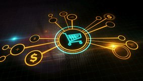 Shopping cart online retail and internet sale symbol digital concept. Cyber technology and computer network background abstract 3d animation. - Powered by Shutterstock - Get 15% off with code: PIKWIZARD15