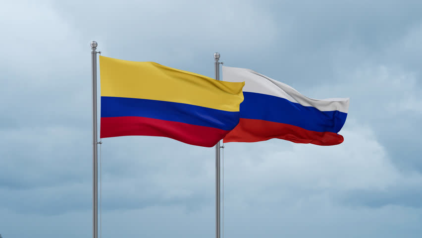 Russian Federation and Colombia flag waving together on cloudy sky, endless seamless loop Royalty-Free Stock Footage #3440794547