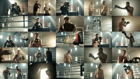 A collage of 25 videos featuring boxers undergoing training and preparation for a fight in a beautiful, smoky boxing gym with sunbeams streaming through the windows. An advertisement for a boxing club