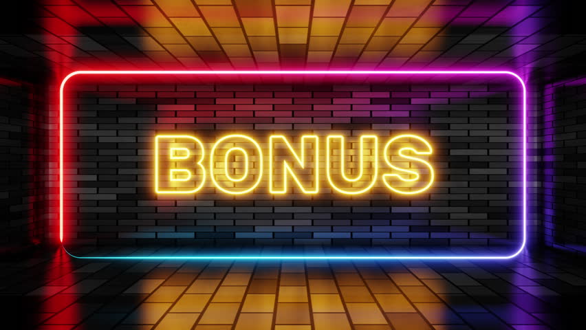 Neon sign bonus in speech bubble frame on brick wall background 3d render. Light banner on the wall background. Bonus loop discount promotion, design template, night neon signboard Royalty-Free Stock Footage #3440809295