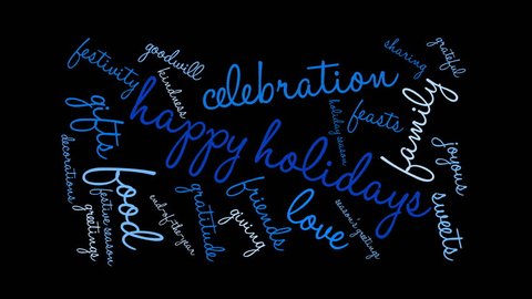 Happy Holidays animated word cloud on a black background.