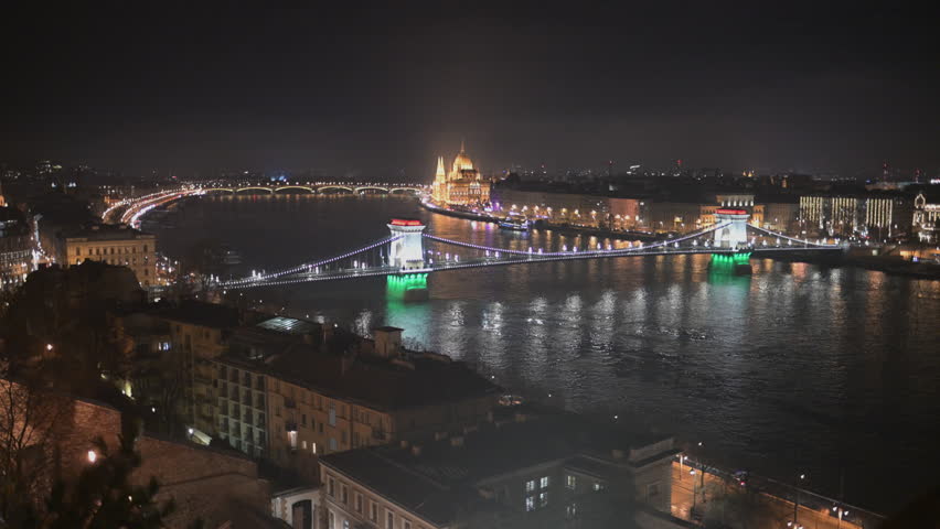 Picturesque view of the city of Budapest, Hungary at night in the winter time.