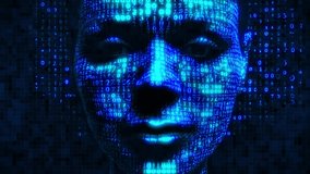3d render a humanized artificial intelligence neural engine in the shape of a female face is trained by examining data on the internet. Technology is depicted as matrix of binary and hexadecimal code. - Powered by Shutterstock - Get 15% off with code: PIKWIZARD15