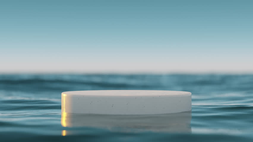 White podium on wave beach and blue sky abstract background. Copy space for product presentation. 3d render.	