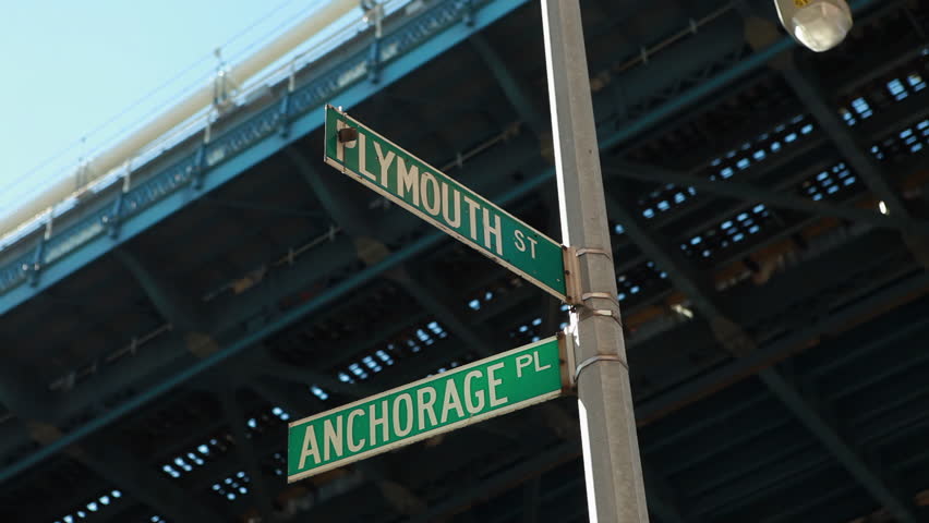 Street sign of Plymouth And Anchorage Streets in DUMBO Brooklyn