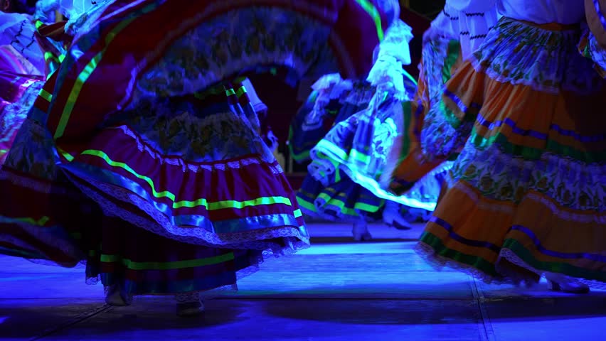 Closeup of women dancing with big flow dresses a Mexican cultural folk dance showing the different ethnic dances of La Paz, Baja California Sur, Mexico in slow motion. Royalty-Free Stock Footage #3440951711