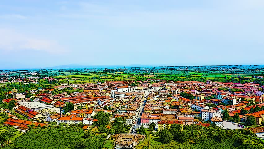 Color sketch in cartoon style. Palmanova, Udine, Italy. An exemplary fortification project of its time was laid down in 1593, Aerial View