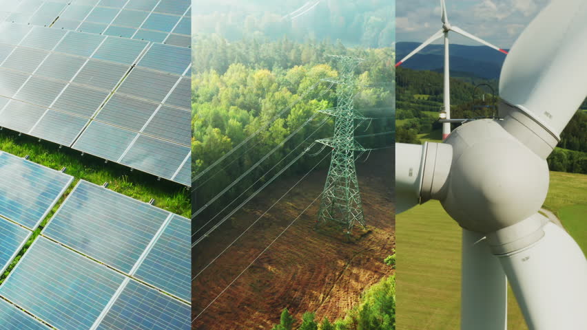 Collage of solar power station, power transmission lines and wind turbines is sustainable energy concept 