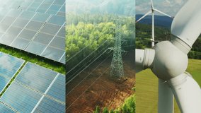 Collage of solar power station, power transmission lines and wind turbines is sustainable energy concept  - Powered by Shutterstock - Get 15% off with code: PIKWIZARD15