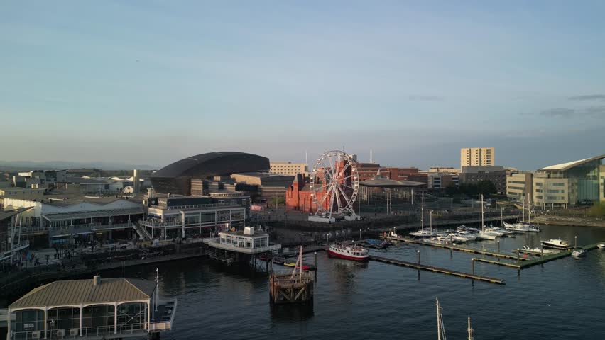 Aerial and drone view of Cardiff bay waterfront, Wales, UK