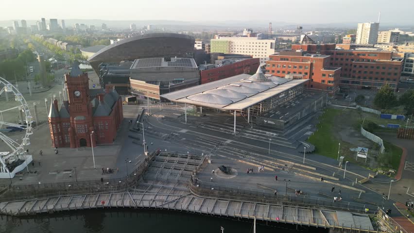 Aerial and drone view of Cardiff bay waterfront, Wales, UK