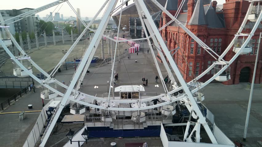Aerial and drone view of Cardiff bay waterfront, Wales, UK