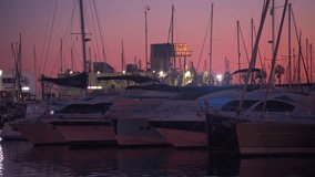 Establishing night video of illuminated port of Monaco with luxury yachts