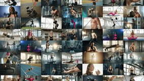 Vertical panorama collage. Dozens of videos where people are engaging in sports. Men and women skillfully perform exercises demonstrating their professionalism and perseverance. 