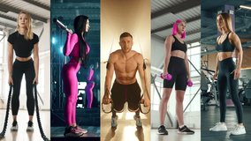 Collage of vertical videos showcasing 5 different athletes performing exercises with a rope, barbell, dumbbells, and executing stretches and squats. A demonstration of professionalism in training.