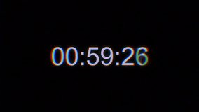 Timecode with glitch and hromo effects. Timecode countdown glitch malfunction real time one minute 30 fps. Shimmering digits on black background Real time.